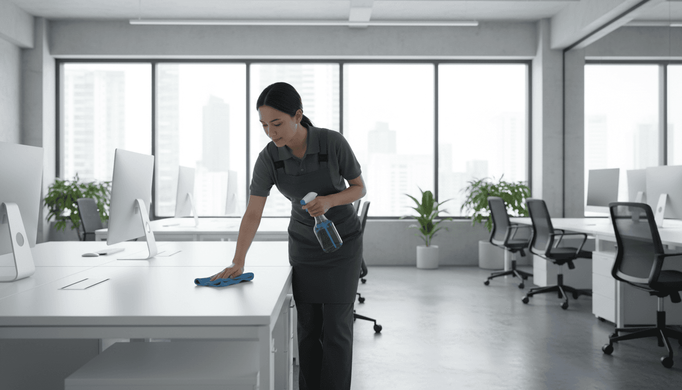 Cleaner wiping a desk in a bright London office with a microfiber cloth