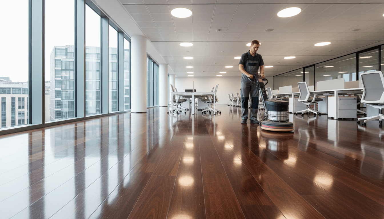 Technician polishing a shiny office floor with advanced cleaning equipment