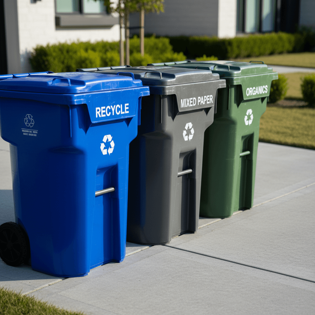 Row of colorful residential recycling bins on clean suburban sidewalk ready for pickup